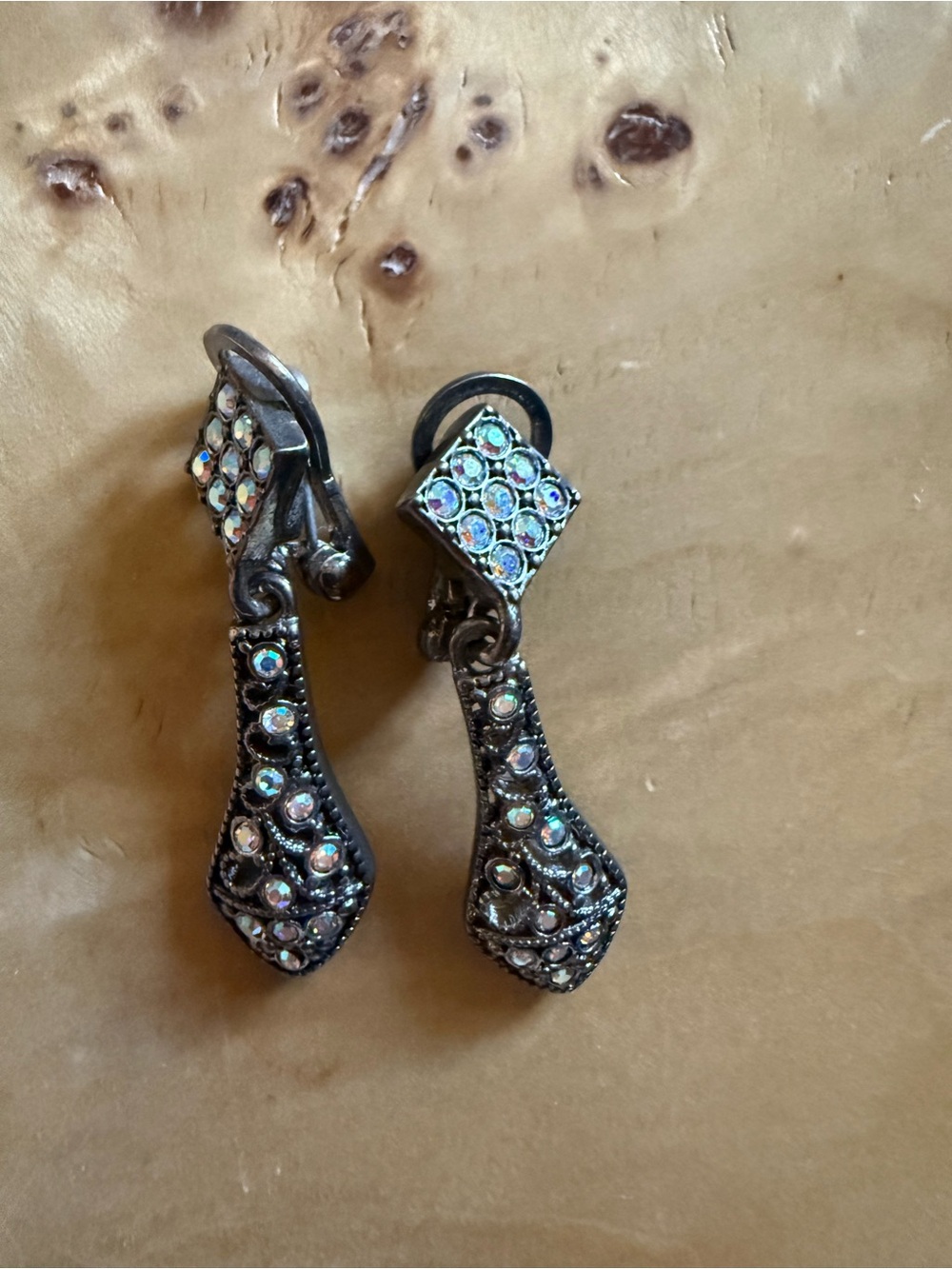 Vintage Black Rhinestone Drop Clip-On Earrings with Aurora Stones